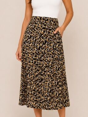 Christopher & Banks Floral Midi Yellow Ditsy A-Line Midi Skirt 10 Fall Scandi
